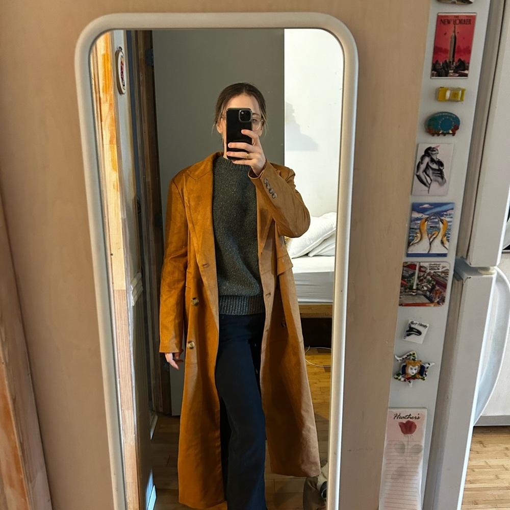 Elegant Tan Trench Coat with Gray Top